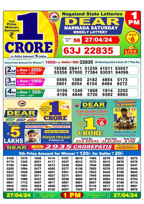 Dear Narmada Saturday weekly 1PM Result 13/04/24.